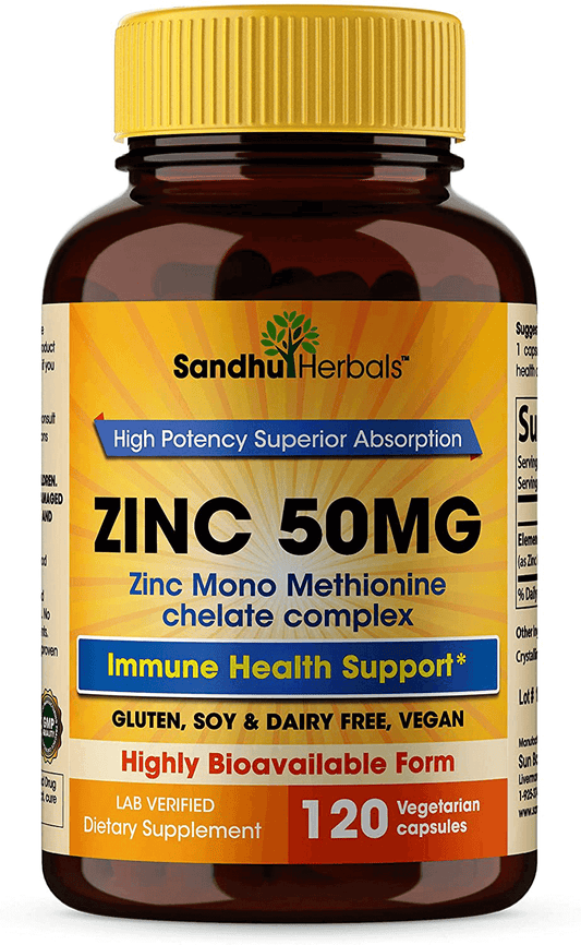 Zinc 50mg Supplement 120 Vegetarian Capsules, Zinc Highly Absorbable Supplements for Immune Support System, Gluten Free Zinc Supplement