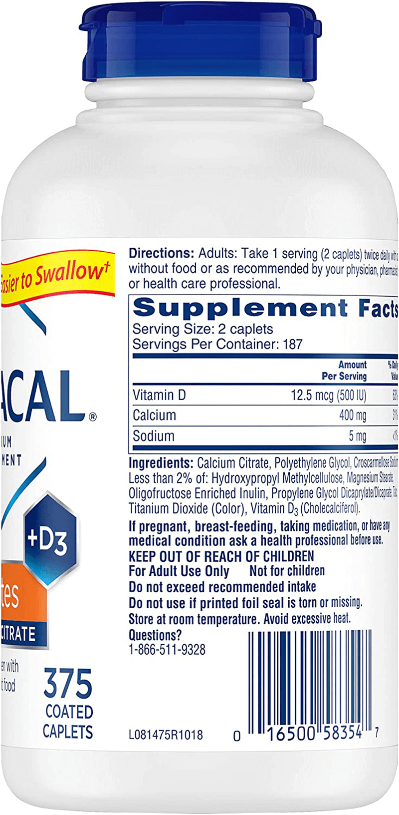 Citracal Petites, Highly Soluble, Easily Digested, 400 mg Calcium Citrate with 500 IU Vitamin D3, Bone Health Supplement for Adults, Relatively Small Easy-to-Swallow Caplets, 375 Count