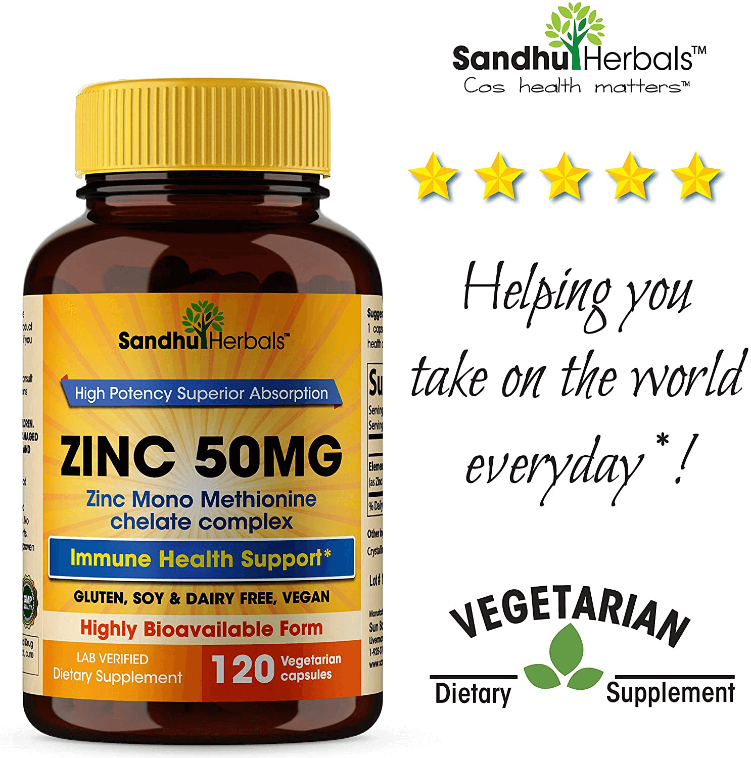 Zinc 50mg Supplement 120 Vegetarian Capsules, Zinc Highly Absorbable Supplements for Immune Support System, Gluten Free Zinc Supplement