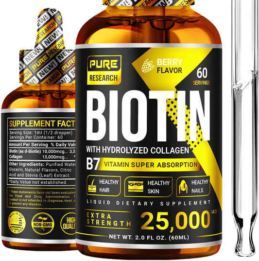 Biotin & Collagen 25,000mcg Hair Growth Liquid Drops, Supports Strong Nails, Glowing Skin, Healthy Hair Growth, 3X More Absorption Than Capsules & Pills