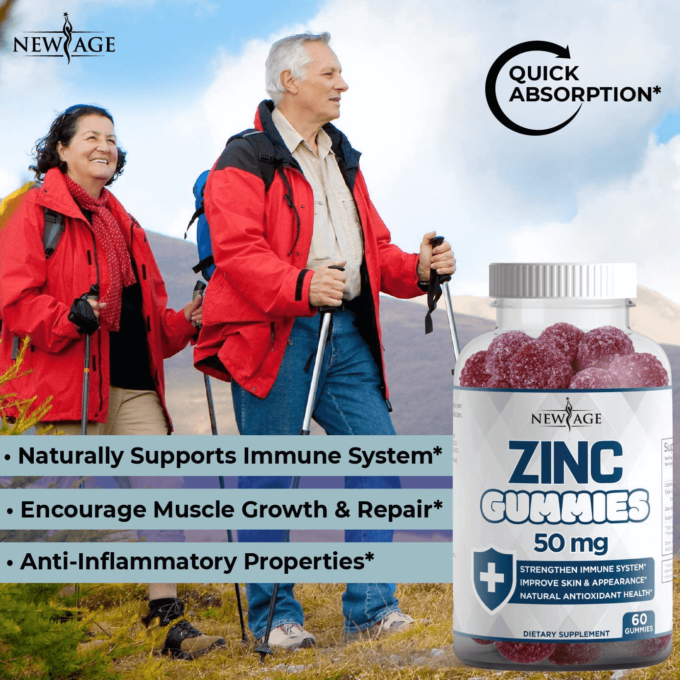 Zinc Gummies - 2 Pack - High Potency Immune Booster Zinc Supplement, Immune Defense, Powerful Natural Antioxidant, Non-GMO Zinc 50mg - by New Age, 120 Count