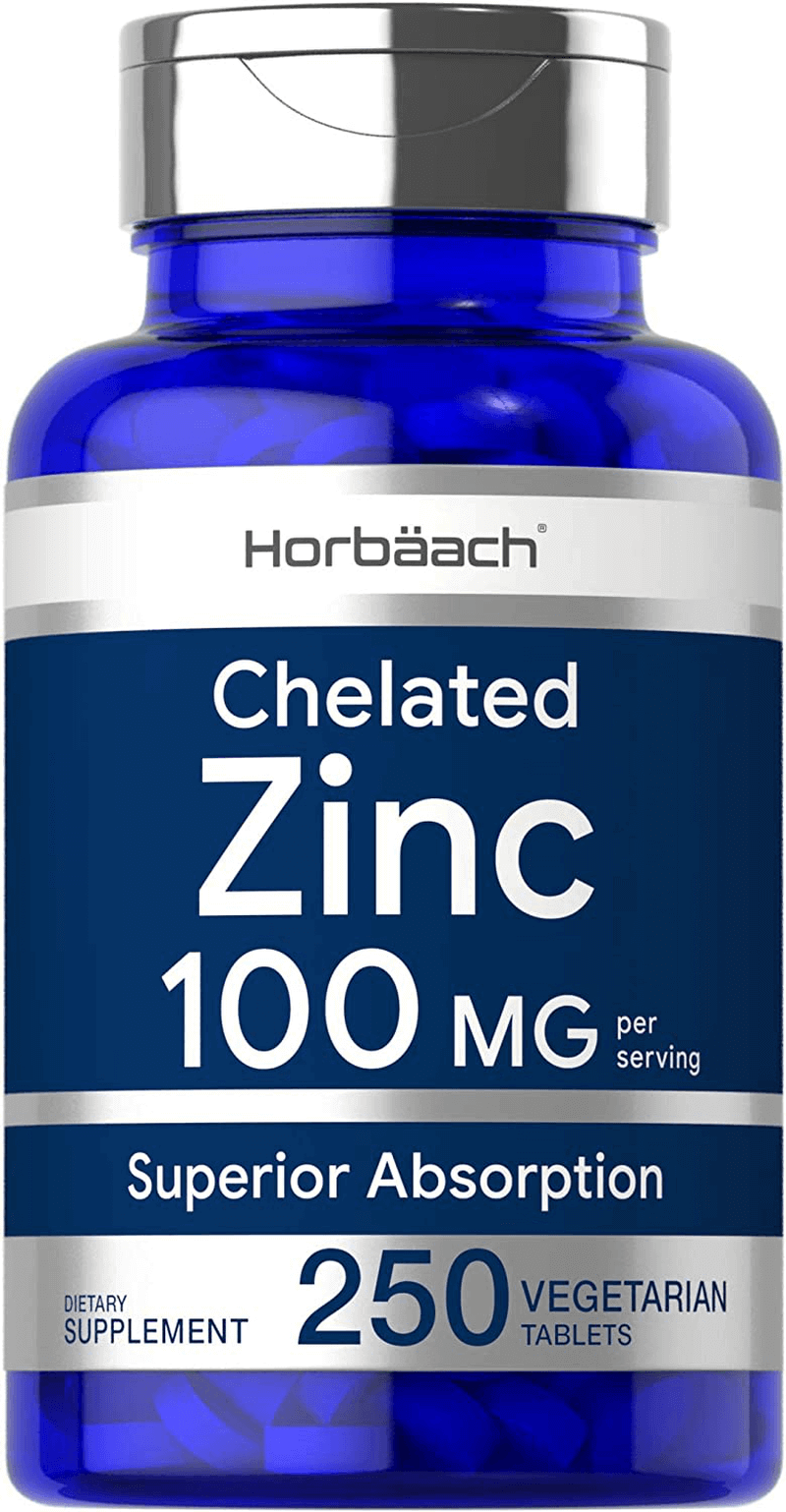 Chelated Zinc Supplement 100mg | 250 Tablets | High Potency & Superior Absorption | Vegetarian, Non-GMO, Gluten Free | by Horbaach