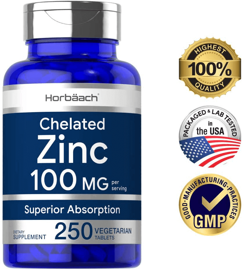 Chelated Zinc Supplement 100mg | 250 Tablets | High Potency & Superior Absorption | Vegetarian, Non-GMO, Gluten Free | by Horbaach