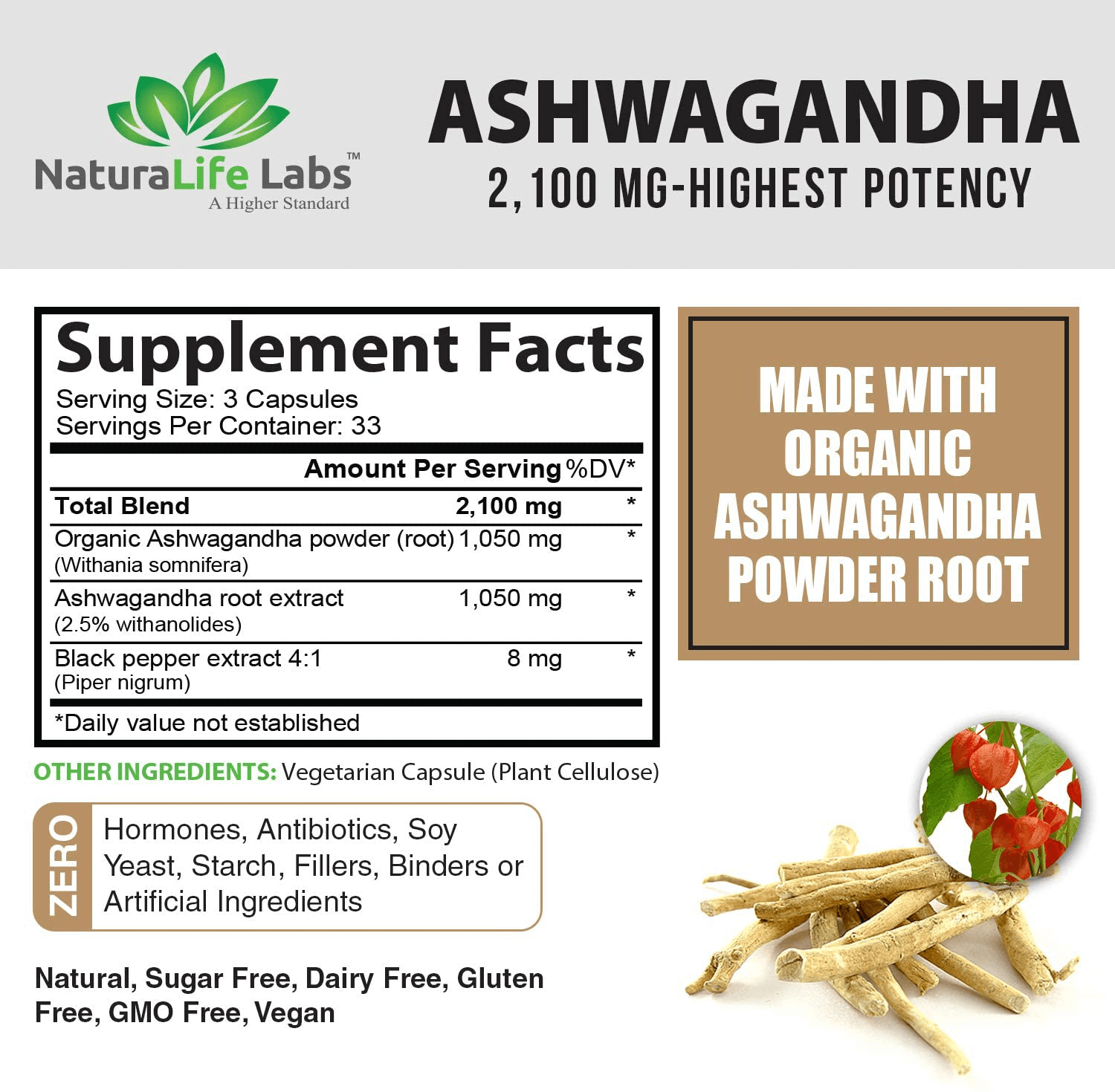 Organic Ashwagandha 2,100 mg - 100 Vegan Capsules 