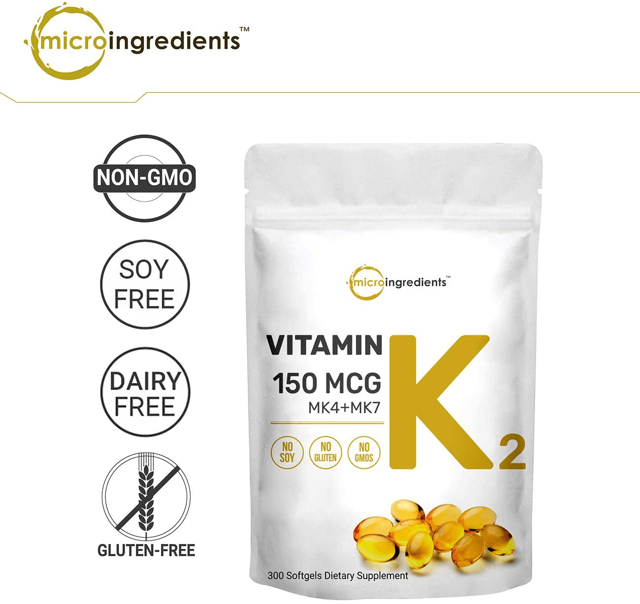 Micro Ingredients Vitamin K2 Complex (MK-4 + MK-7 Formula), 150 mcg, Immune Vitamins and Joint Health Supplement, Non-GMO (300 Count (Pack of 1))