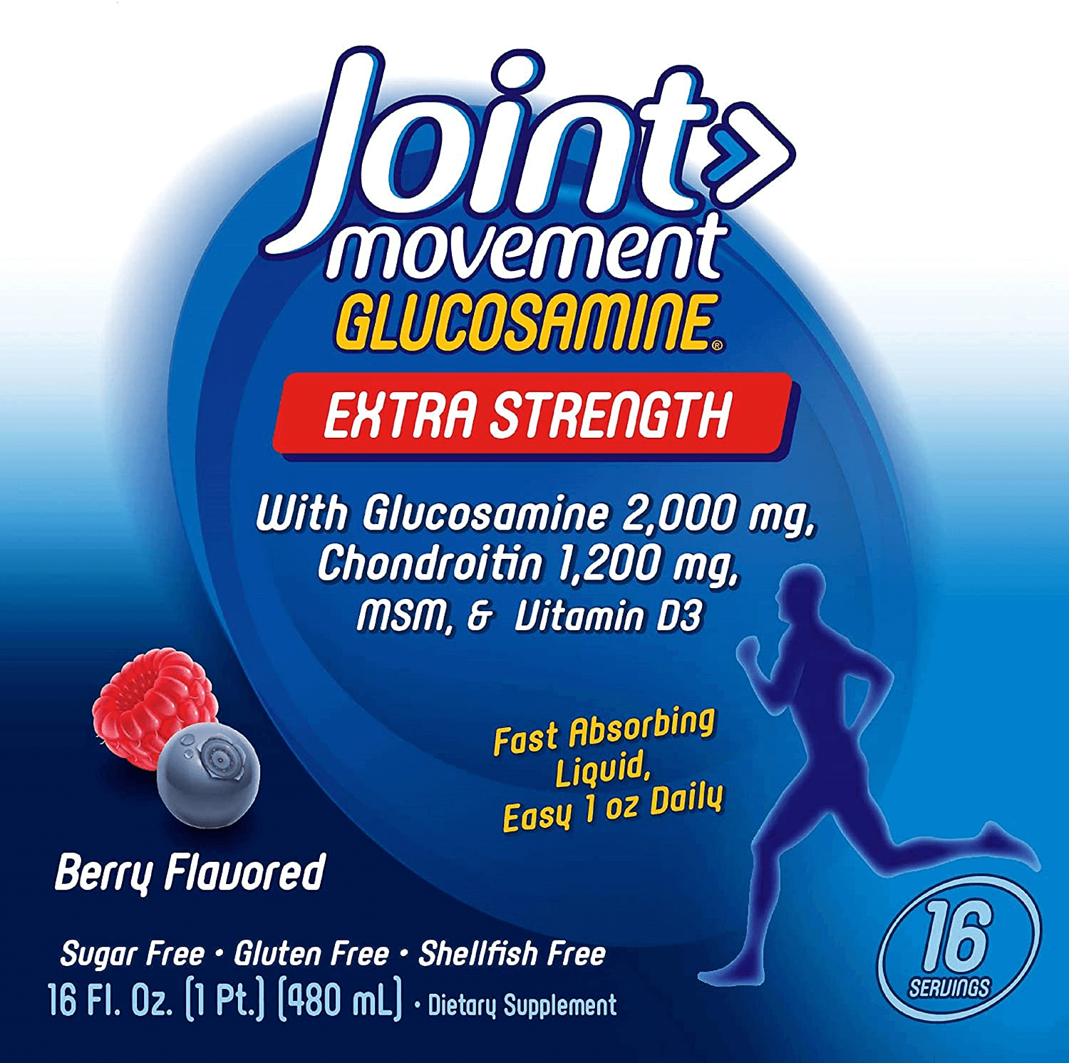 Joint Movement Glucosamine Fast Absorbing, 16 Day Supply, 16 Ounces (480 mL), Natural Berry (Packaging May Vary)