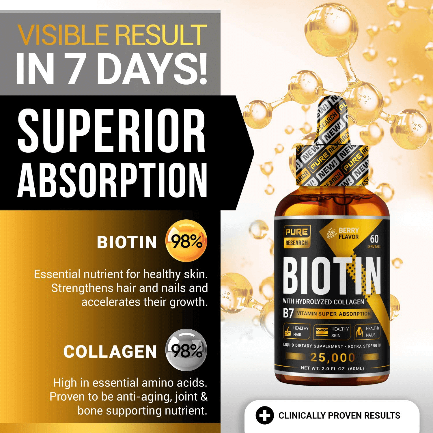 Biotin & Collagen 25,000mcg Hair Growth Liquid Drops, Supports Strong Nails, Glowing Skin, Healthy Hair Growth, 3X More Absorption Than Capsules & Pills