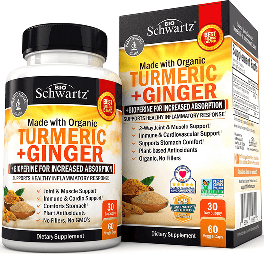 Organic Turmeric & Ginger Capsules with BioPerine Black Pepper for Increased Absorption - 2 Way Muscle & Joint Support Supplement - Designed for Stomach Comfort - for Immune & Cardio Support