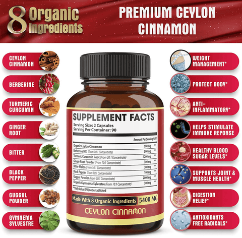 Premium Organic Ceylon Cinnamon + Berberine Capsules, Highest Potency 5400 mg, Promote Joint Health-Powerfully Support Sugar Metabolism & Antioxidants - Added Turmeric, Ginger-180 Vegan Capsules*