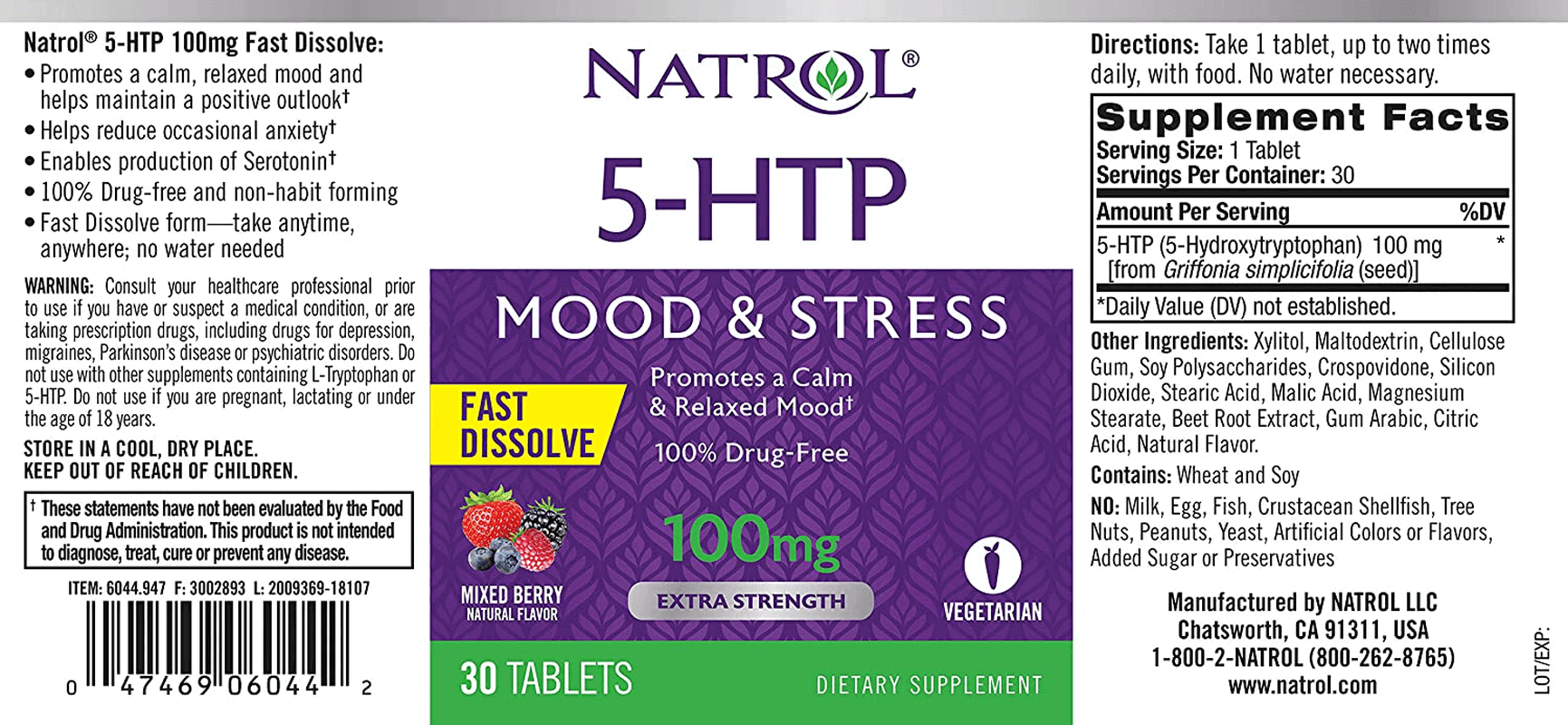 Natrol 5-HTP Fast Dissolve Tablets, Promotes a Calm Relaxed Mood, Helps Maintain a Positive Outlook, Enables Production of Serotonin, Drug-Free, Controlled Release, Maximum Strength, Wild Berry Flavor