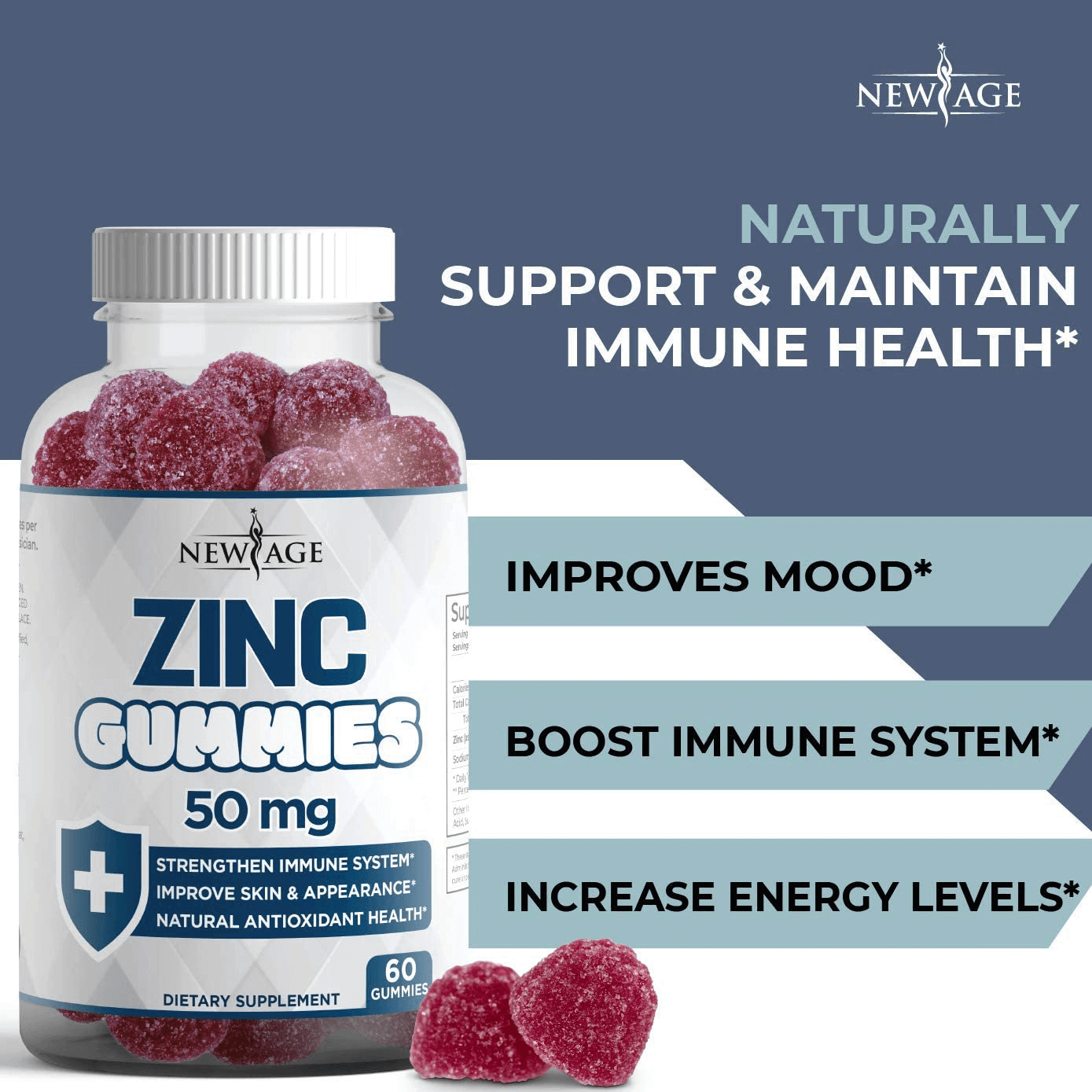 Zinc Gummies - 2 Pack - High Potency Immune Booster Zinc Supplement, Immune Defense, Powerful Natural Antioxidant, Non-GMO Zinc 50mg - by New Age, 120 Count