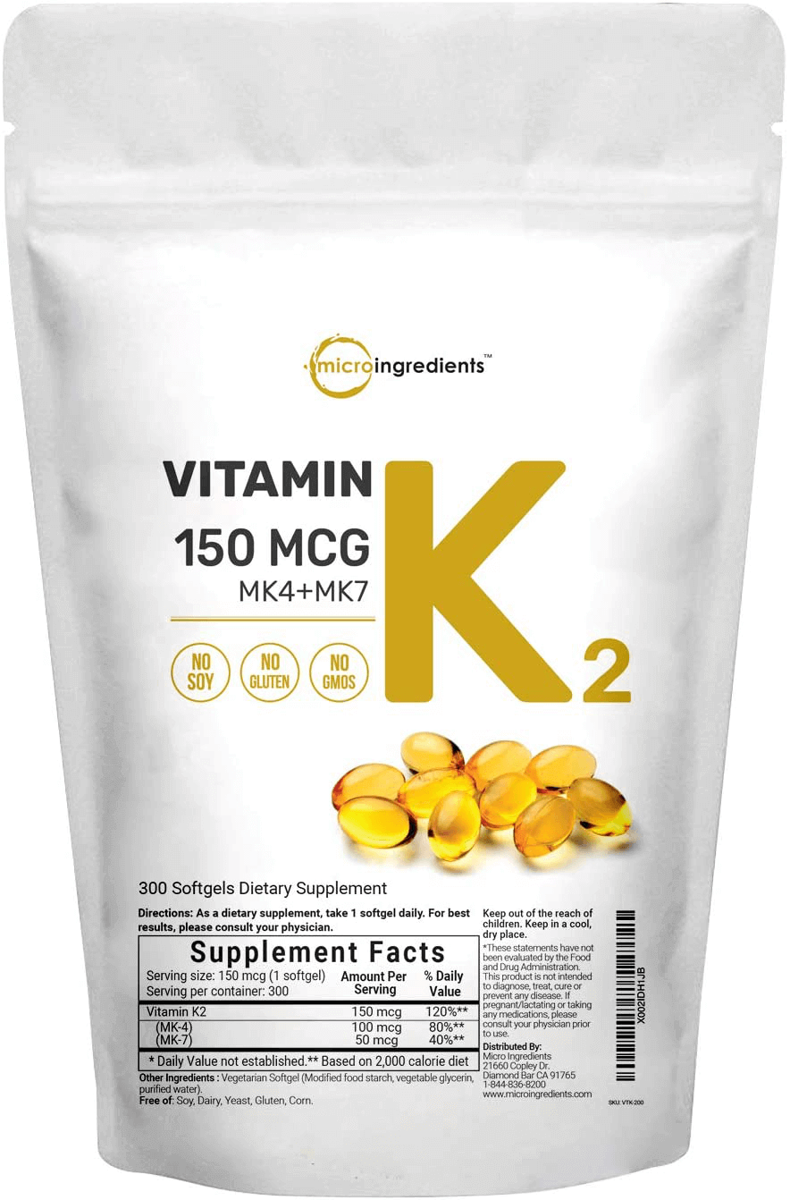 Micro Ingredients Vitamin K2 Complex (MK-4 + MK-7 Formula), 150 mcg, Immune Vitamins and Joint Health Supplement, Non-GMO (300 Count (Pack of 1))