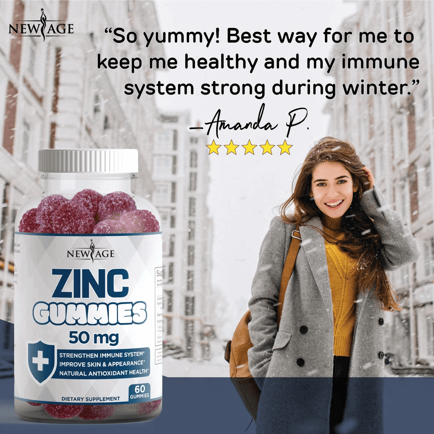 Zinc Gummies - 2 Pack - High Potency Immune Booster Zinc Supplement, Immune Defense, Powerful Natural Antioxidant, Non-GMO Zinc 50mg - by New Age, 120 Count