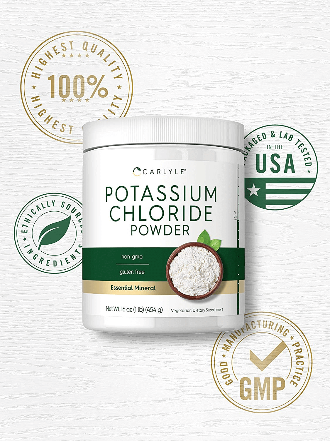 Potassium Chloride Powder Supplement 16 oz | Food Grade | Salt Substitute | Vegan, Vegetarian, Non-GMO, Gluten Free | by Carlyle