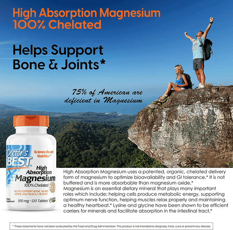 Doctor's Best High Absorption Magnesium Glycinate Lysinate, 100% Chelated, TRACCS, Not Buffered, Headaches, Sleep, Energy, Leg Cramps, Non-GMO, Vegan, Gluten Free, Soy Free, 100 mg, 120 Tablets