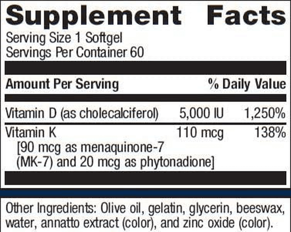 Metagenics - D3 5000 + K, Vitamin D and Vitamin K - Non-GMO and Gluten-Free, 60 Softgels