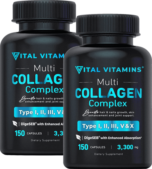 Vital Vitamins Multi Collagen Complex (2 Pack) - Type I, II, III, V, X, Grass Fed, Non-Gmo, 300 Capsules