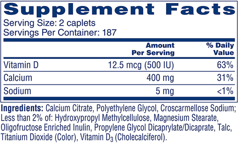 Citracal Petites, Highly Soluble, Easily Digested, 400 mg Calcium Citrate with 500 IU Vitamin D3, Bone Health Supplement for Adults, Relatively Small Easy-to-Swallow Caplets, 375 Count