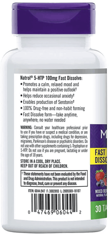 Natrol 5-HTP Fast Dissolve Tablets, Promotes a Calm Relaxed Mood, Helps Maintain a Positive Outlook, Enables Production of Serotonin, Drug-Free, Controlled Release, Maximum Strength, Wild Berry Flavor