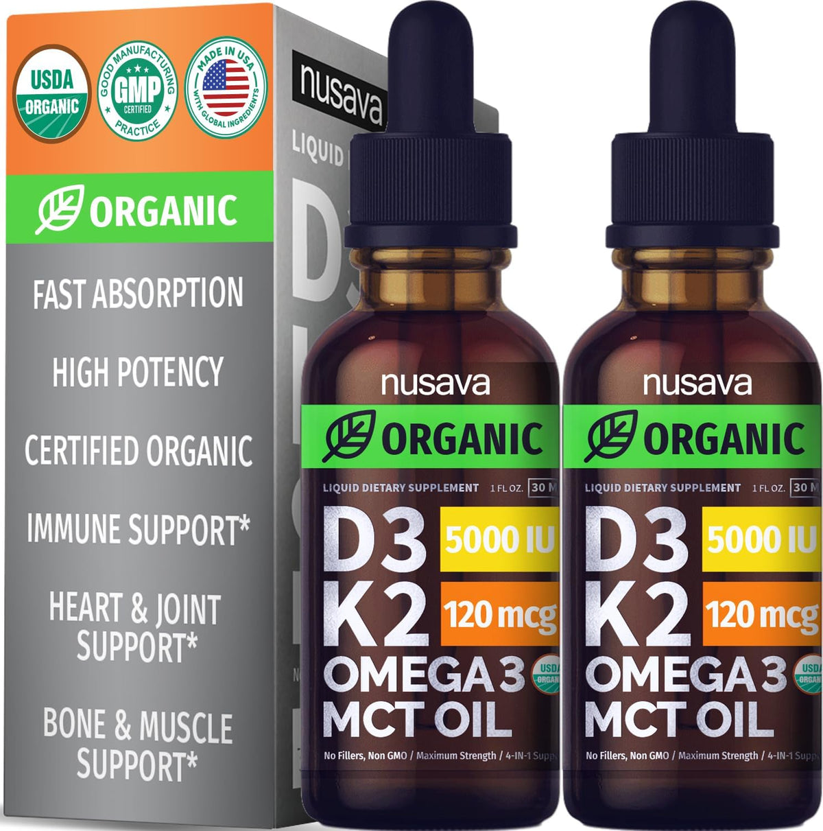 (2 Pack) Organic Vitamin D3 K2 Drops with MCT Oil, Omega 3, 5000 IU - Vitamin D Liquid, No Fillers, Non-Gmo D3 for Body’S Defenses and Faster Absorption, Unflavored, 2 Fl Oz