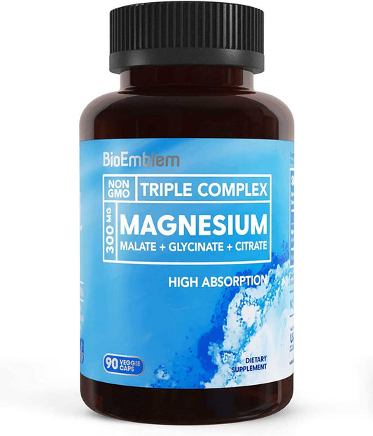 Bioemblem Triple Magnesium Complex 90 Capsules | Maximum Absorption & Potent Magnesium Supplement: BioEmblem Triple Magnesium Complex features 300mg of three types of pure magnesium (Glycinate, Malate, Citrate). Each is chelate or highly absorbable for ma