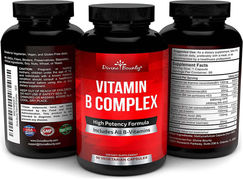 Divine Bounty Super B Complex Vitamins - All B Vitamins Including B12, B1, B2, B3, B5, B6, B7, B9, Folic Acid - Vitamin B Supplement - Support Healthy Energy Metabolism - 90 Vegetarian Capsules