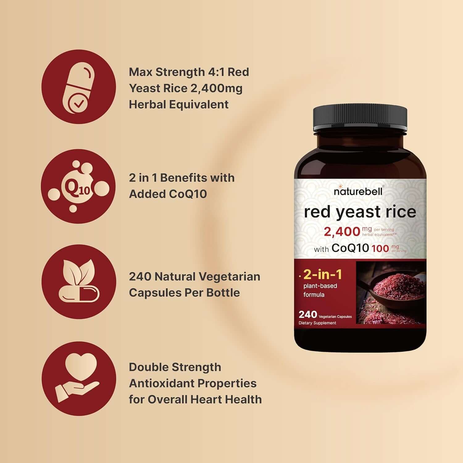 Naturebell Red Yeast Rice 2,400Mg with Coq10 100Mg | 240 Veggie Capsules (1,200Mg per Capsule) 