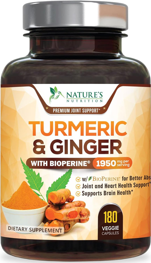 Turmeric Curcumin Supplement 1950Mg with Organic Turmeric & Ginger, 95% Curcuminoids, Bioperine Black Pepper for Best Absorption, Nature'S Vegan Joint Support, Non-Gmo, Bottled in USA - 180 Capsules