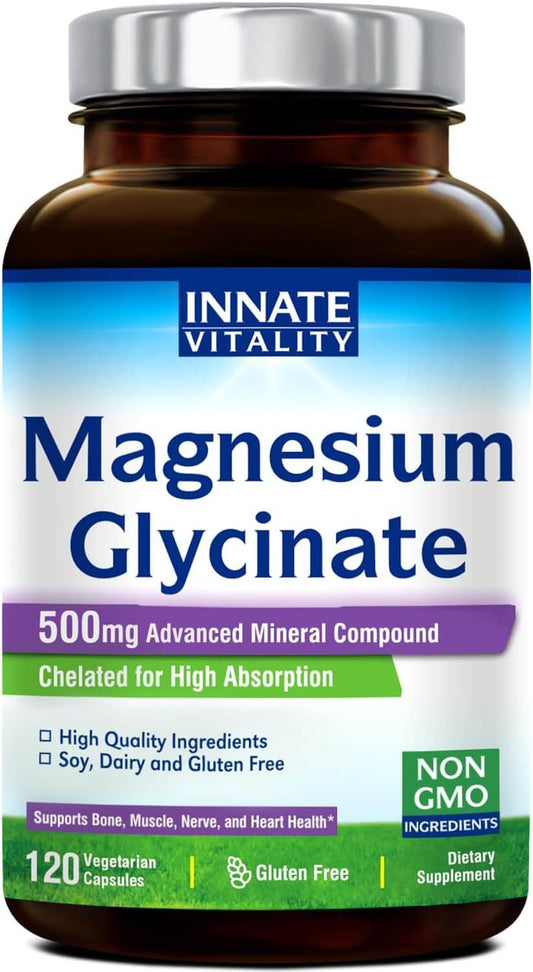 Innate Vitality Magnesium Glycinate 500Mg, 70Mg Elemental Magnesium per Cap, 120 Veggie Capsules | [100% Natural, Vegetarian-Friendly Ingredients] All Innate Vitality Magnesium Glycinate products are soy-free, gluten-free, dairy-free, Non-GMO & vegetarian