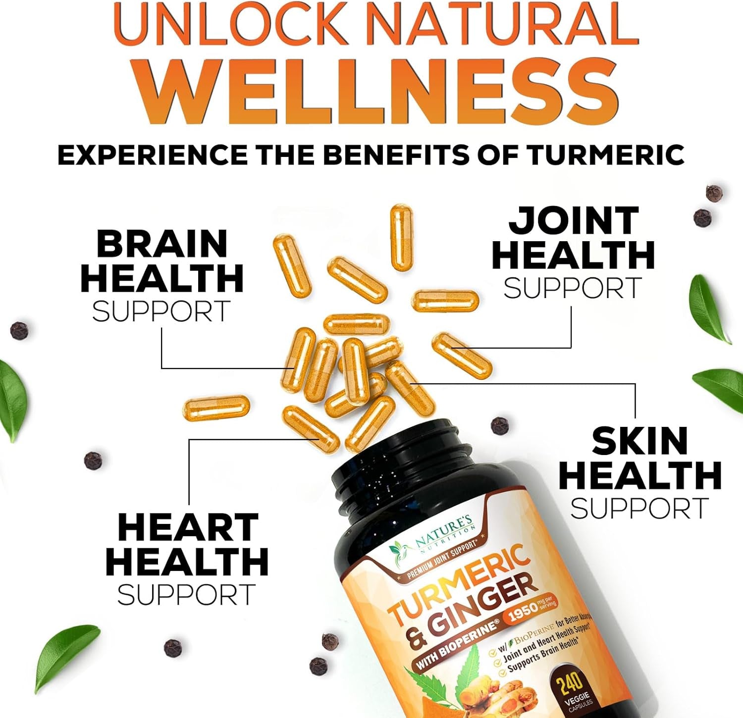 Turmeric Curcumin Supplement 1950Mg with Organic Turmeric & Ginger, 95% Curcuminoids, Bioperine Black Pepper for Best Absorption, Nature'S Vegan Joint Support, Non-Gmo, Bottled in USA - 120 Capsules