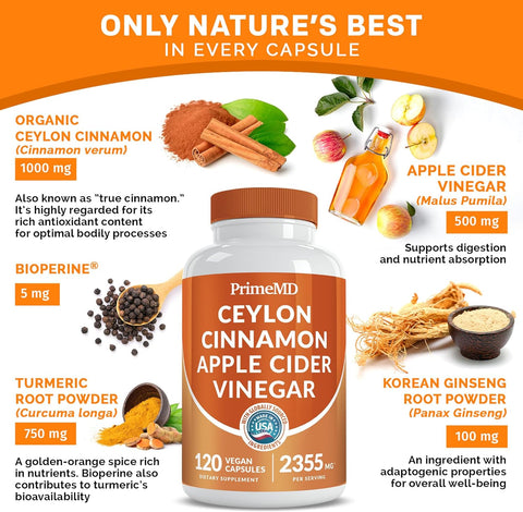 5-In-1 Ceylon Cinnamon Capsules 2355Mg - Ceylon Cinnamon and Apple Cider Vinegar Capsules - Turmeric and Panax Ginseng Capsules - Cinnamon Supplements with Bioperine, 120 Ct