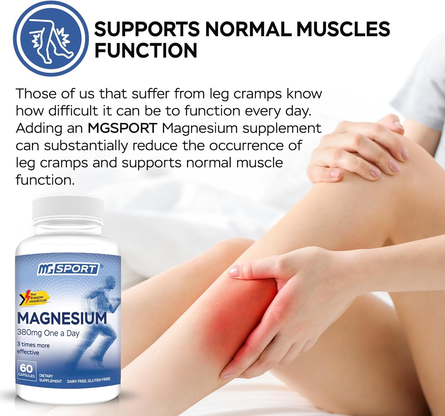 MGSPORT Magnesium Supplement - High Absorption with Vitamins B6, D, E - Relieves Leg Cramps - 60 Servings