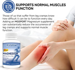 MGSPORT Magnesium Supplement - High Absorption with Vitamins B6, D, E - Relieves Leg Cramps - 60 Servings