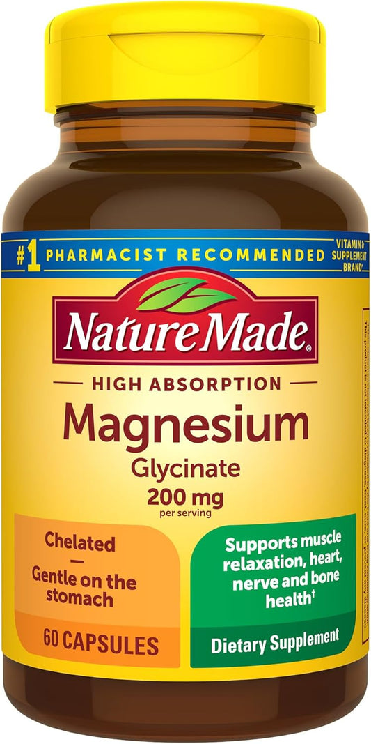 Nature Made Magnesium Glycinate 200 mg, Muscle, Heart, Nerve & Bone Support, 60 Bisglycinate Capsules, 30-Day Supply