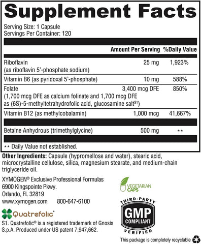 XYMOGEN Methyl Protect - Optimal Methylation Formula with Methyl Folate, Vitamin B12 (Methylcobalamin B12), Riboflavin + B6 Vitamins  120 Capsules