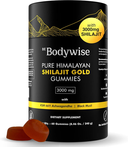 Be Bodywise Pure Himalayan Shilajit Gold Gummies | Lab Tested | No Added Sugar | With Ashwagandha, Gokshura, Fulvic Acid & 85+ Trace Minerals | Non-GMO, 100% Natural & Organic | 60 Gummies for Men & Women