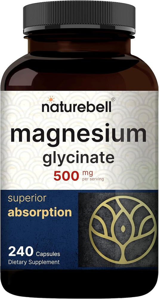 Naturebell Magnesium Glycinate Capsules 500mg | 240 Count, 100% Chelated & Purified, 3rd Party Tested, Non-GMO & Gluten-Free