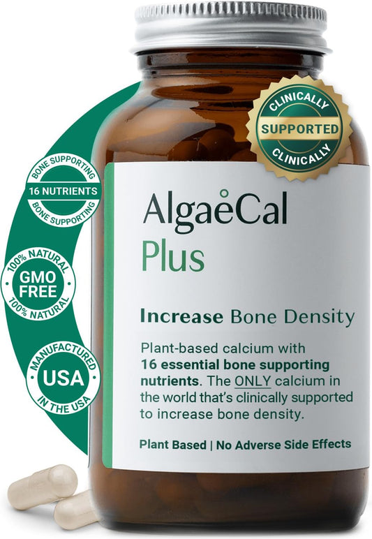 Algaecal Plus - Organic Red Algae Calcium Supplement for Women, with Vitamin K2 (100mg), Vitamin D3 (1600 IU), Magnesium (350mg) & Trace Minerals for Bone Strength - 120 Veg Capsules