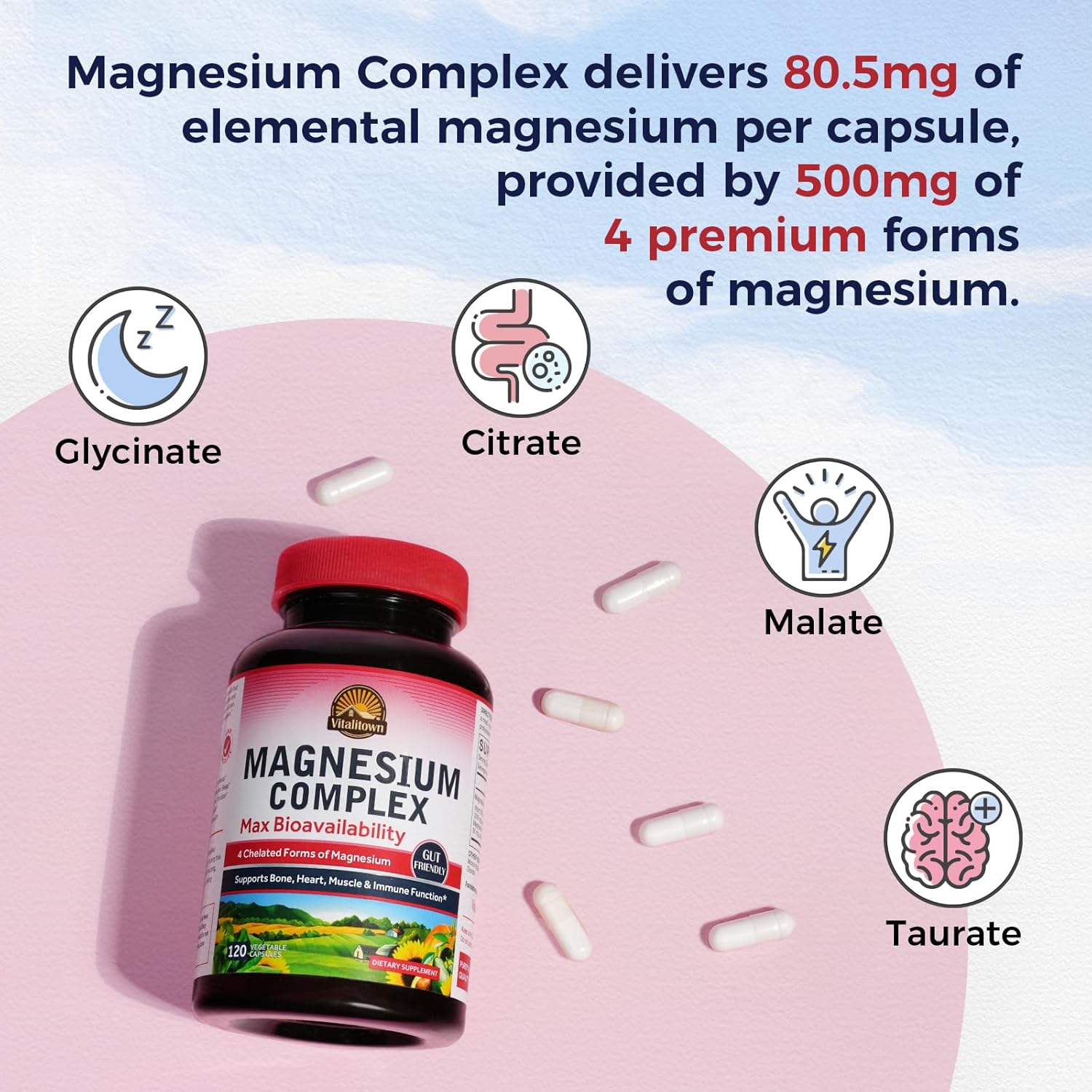 Vitalitown Magnesium Complex - 500mg Glycinate, Malate, Taurate, Citrate - 120 Vegan Capsules