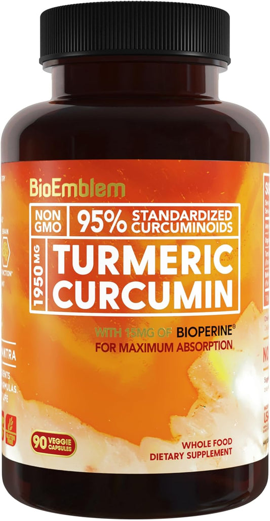 Bioemblem Turmeric Curcumin Supplement with Bioperine | Joint Support & Heart Health | with Organic Turmeric Powder & 95% Curcuminoids Extract | California Made, Non-Gmo, 30-Day Supply