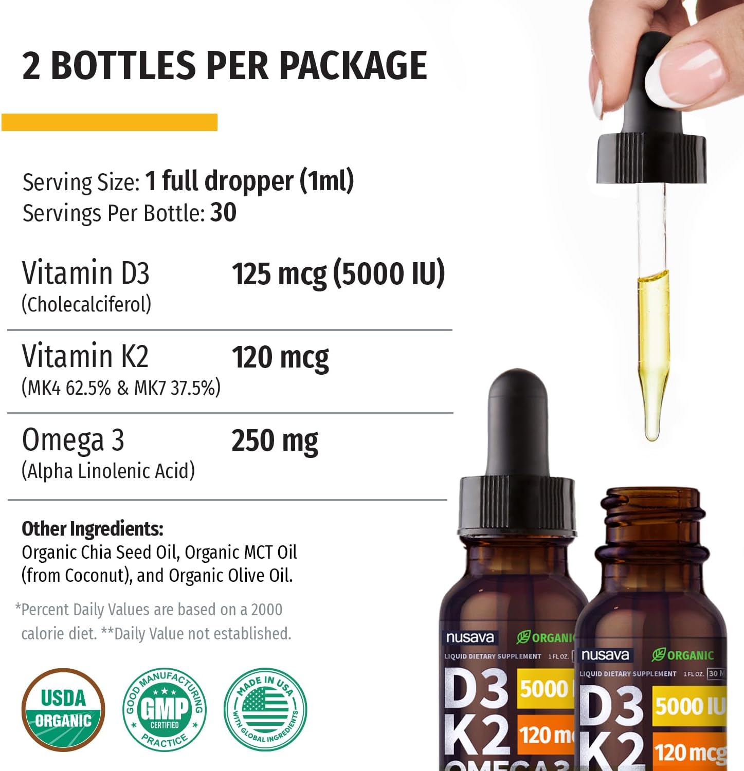 (2 Pack) Organic Vitamin D3 K2 Drops with MCT Oil, Omega 3, 5000 IU - Vitamin D Liquid, No Fillers, Non-Gmo D3 for Body’S Defenses and Faster Absorption, Unflavored, 2 Fl Oz