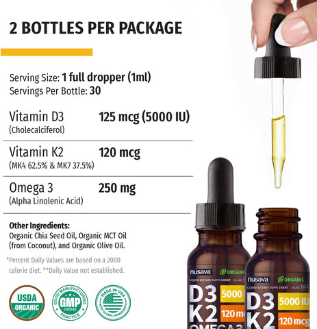 (2 Pack) Organic Vitamin D3 K2 Drops with MCT Oil, Omega 3, 5000 IU - Vitamin D Liquid, No Fillers, Non-Gmo D3 for Body’S Defenses and Faster Absorption, Unflavored, 2 Fl Oz