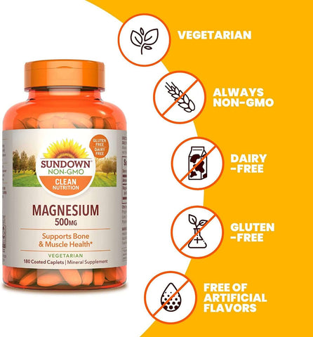 Sundown Magnesium Supplement, Non-Gmo, Gluten-Free, Dairy-Free, Vegetarian, 500Mg Coated Caplets, 180 Count, 6 Month Supply