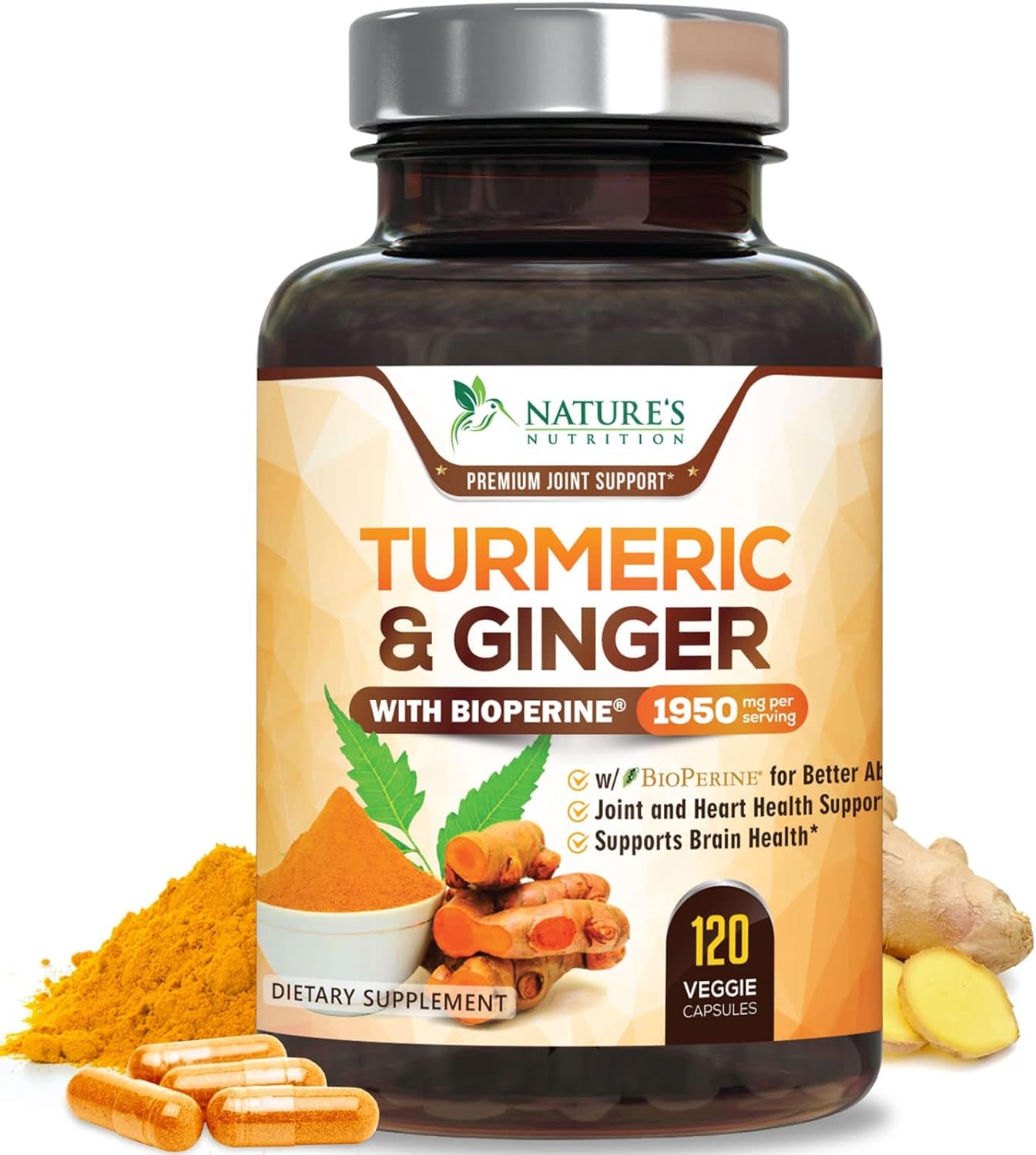 Turmeric Curcumin Supplement 1950Mg with Organic Turmeric & Ginger, 95% Curcuminoids, Bioperine Black Pepper for Best Absorption, Nature'S Vegan Joint Support, Non-Gmo, Bottled in USA - 120 Capsules