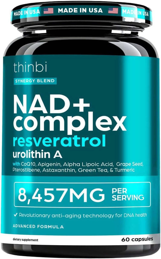 Thinbi NAD Supplement – 8457mg Extra Strength Liposomal NAD+ with Urolithin A, Resveratrol, CoQ10 & ALA – 30-Day Supply | Patent-Pending NAD+ & Urolithin A Complex – Harness the power of our unique, patent-pending NAD+ formula featuring Urolithin A, desig