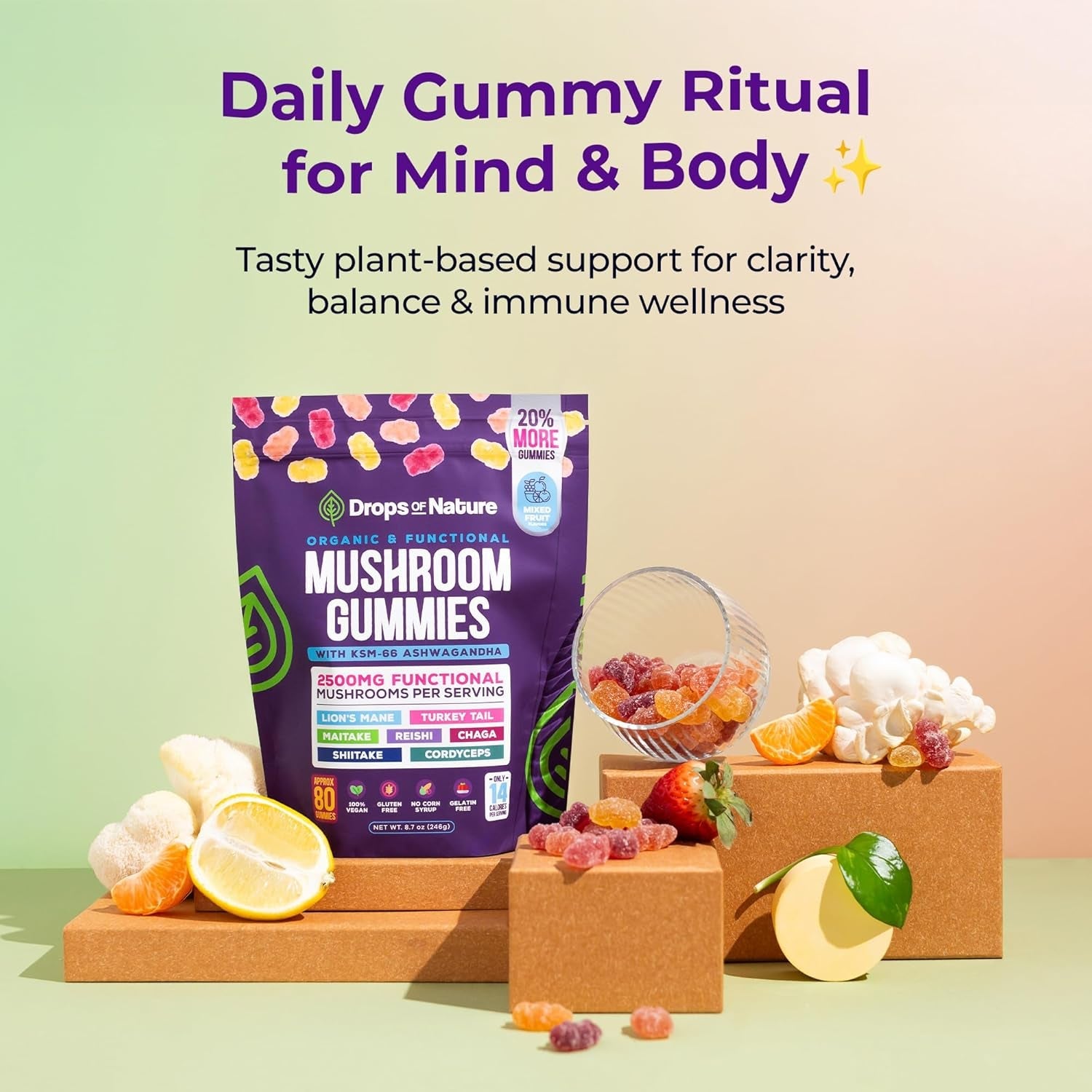 Ashwagandha Gummies and Lions Mane Mushroom Gummies Supplement - Organic - Reishi, Cordyceps, Turkey Tail, Maitake, Shitake, Chaga - Immune Defense, Boosts Cognitive Performance, Vegan, Low Carb - Vitamen Store