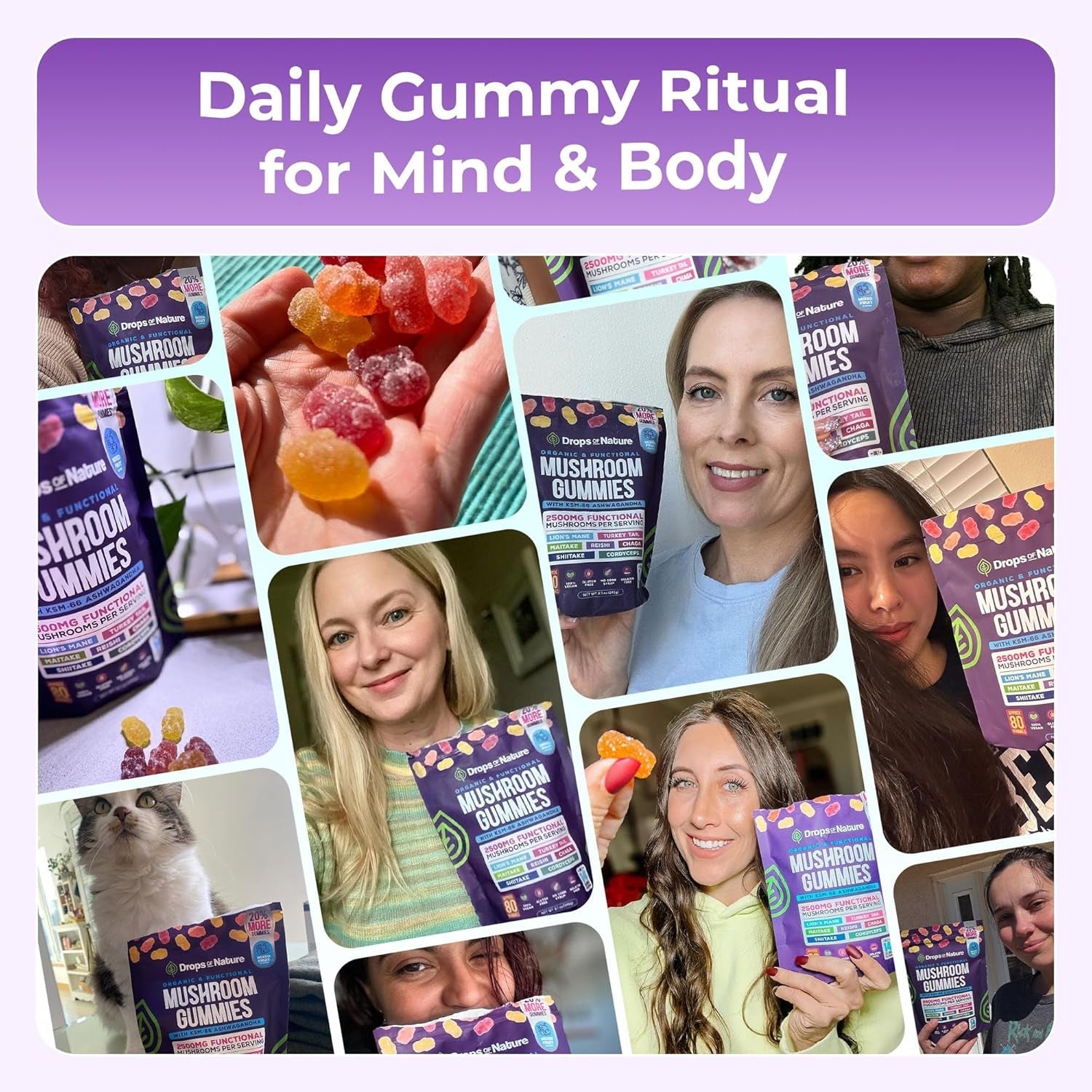 Ashwagandha Gummies and Lions Mane Mushroom Gummies Supplement - Organic - Reishi, Cordyceps, Turkey Tail, Maitake, Shitake, Chaga - Immune Defense, Boosts Cognitive Performance, Vegan, Low Carb - Vitamen Store