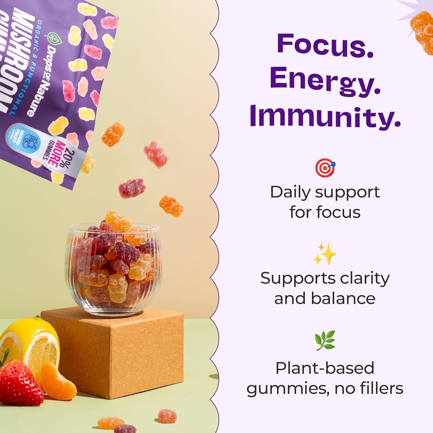 Ashwagandha Gummies and Lions Mane Mushroom Gummies Supplement - Organic - Reishi, Cordyceps, Turkey Tail, Maitake, Shitake, Chaga - Immune Defense, Boosts Cognitive Performance, Vegan, Low Carb - Vitamen Store