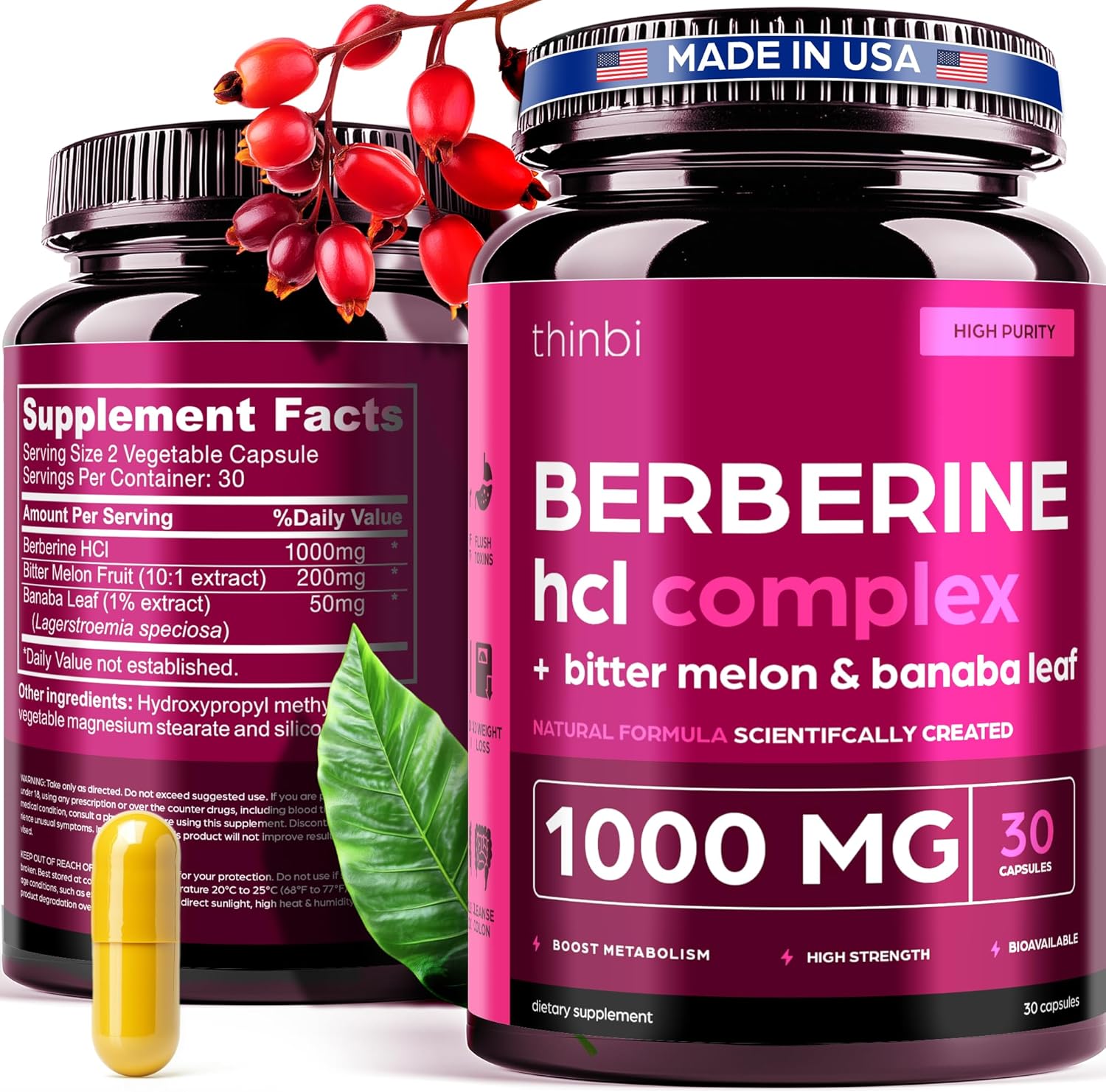 Berberine Supplement 1000Mg Potent Botanical Capsules with Bitter Melon and Banaba Leaf - Hcl from Barberry Extract - 30 Servings - Vitamen Store