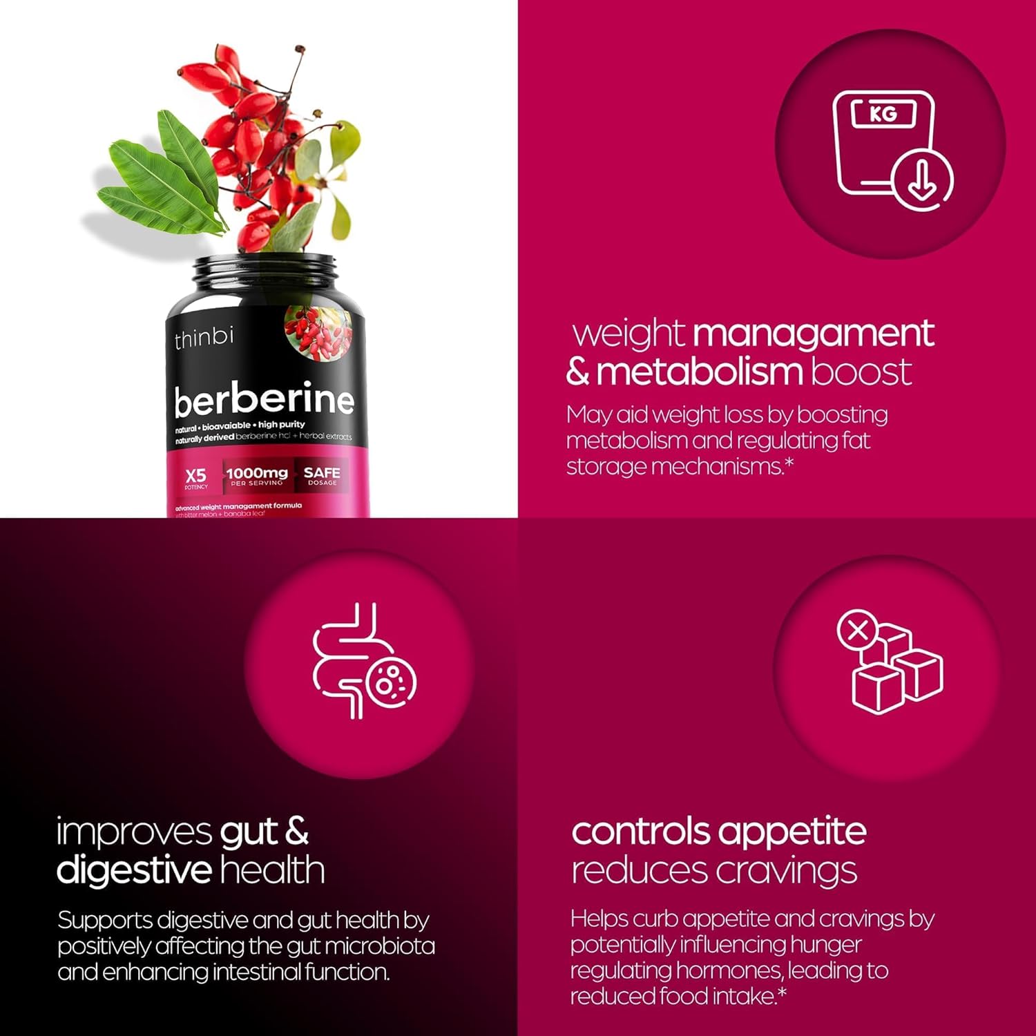 Berberine Supplement 1000Mg Potent Botanical Capsules with Bitter Melon and Banaba Leaf - Hcl from Barberry Extract - 30 Servings - Vitamen Store